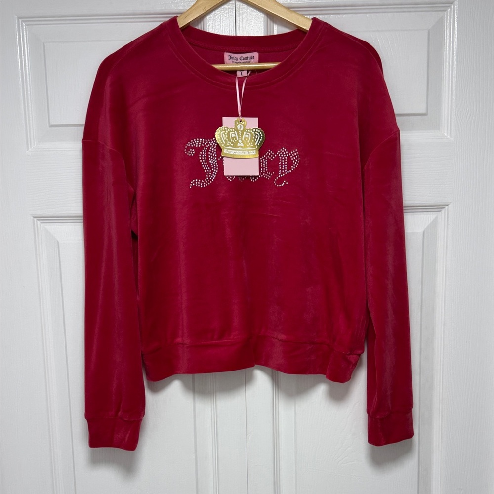 NWT Juicy Couture Red Velour Rhinestone Logo Sweatshirt with Crown Tag